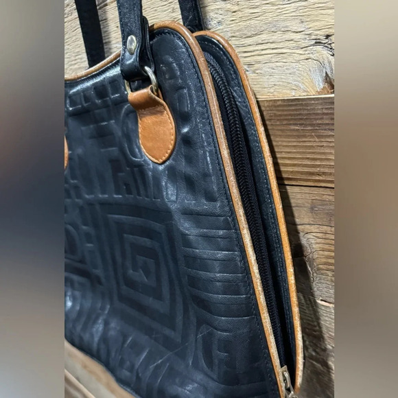 Vintage DUE FRATELLI Leather Shoulder hand Bag black tan double zipper  rare - Picture 3 of 7